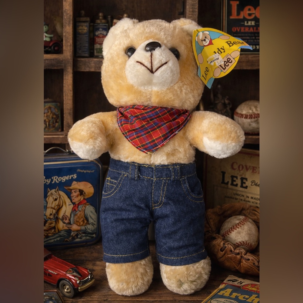 Vintage Lee Buddy Bear Plush Stuffed Animal Denim Jeans Plaid Bandana